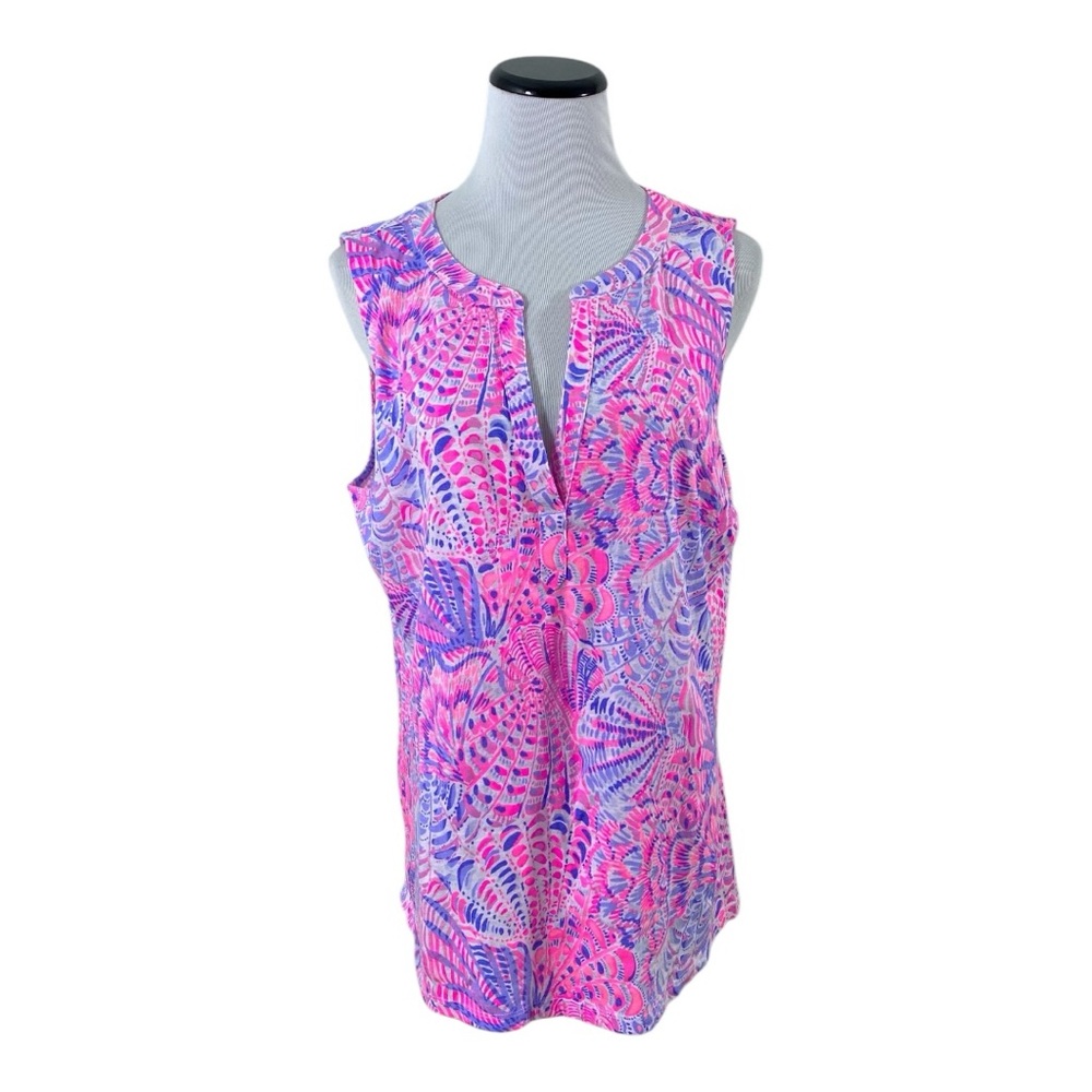 Lilly Pulitzer Dev Knit Top Sea You Soon Sz XL Raz Berry Pink Floral Sleeveless